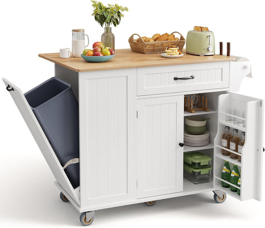 Kitchen Island with Storage, 44.49" Kitchen Island with Trash Can Storage, Drop Leaf Rubberwood Top, Knife Holder, Adjustable Shelf, Towel Bar, Drawer, Spice Rack, White