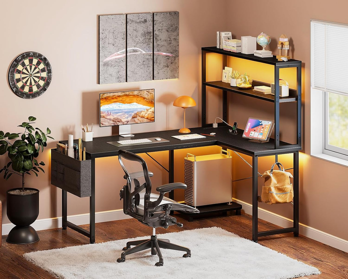 Gaming Desk with Power Outlets & LED Lights, 43 Inch Reversible L Shaped Computer Desk with Shelves & Storage Bag, Corner Desk for Home Office, Black