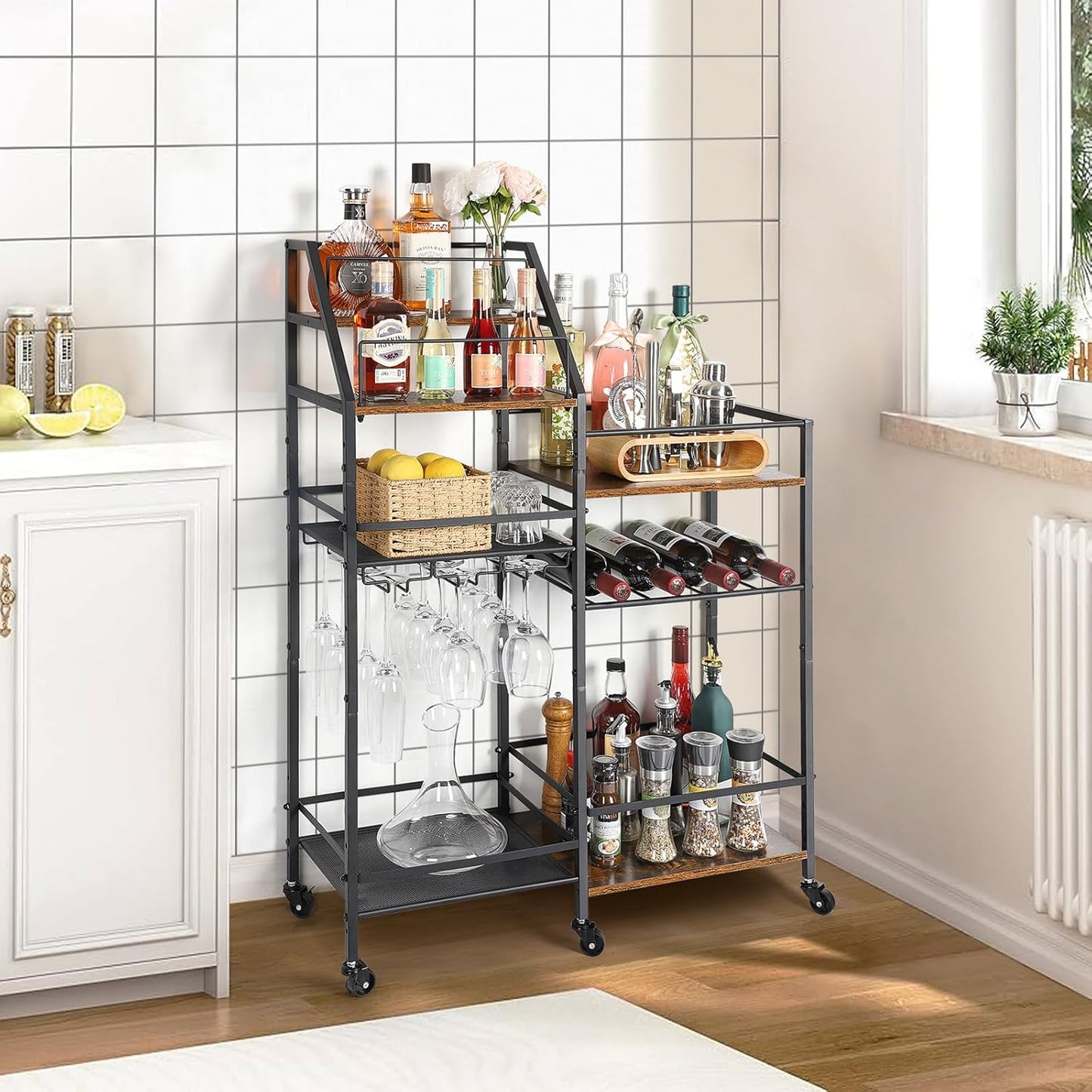 Rolling Bar Cart with Wine Glass Holder, Mini Bar for Whiskey Wine, Liquor Cart for Home, Alcohol Cabinet for Kitchen, Dining Room
