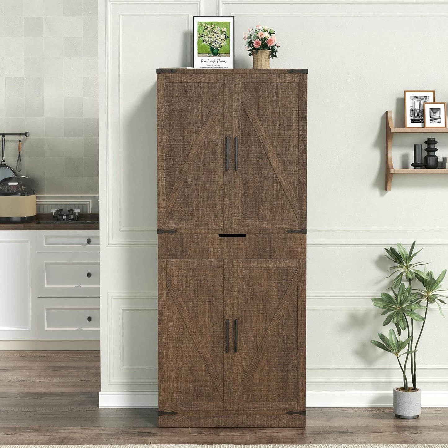 72" Kitchen Pantry Storage Cabinet with Doors and Shelves, Wood Farmhouse Pantry Storage with Barn Doors for Kitchen, Dining Room, Living Room, Dark Brown
