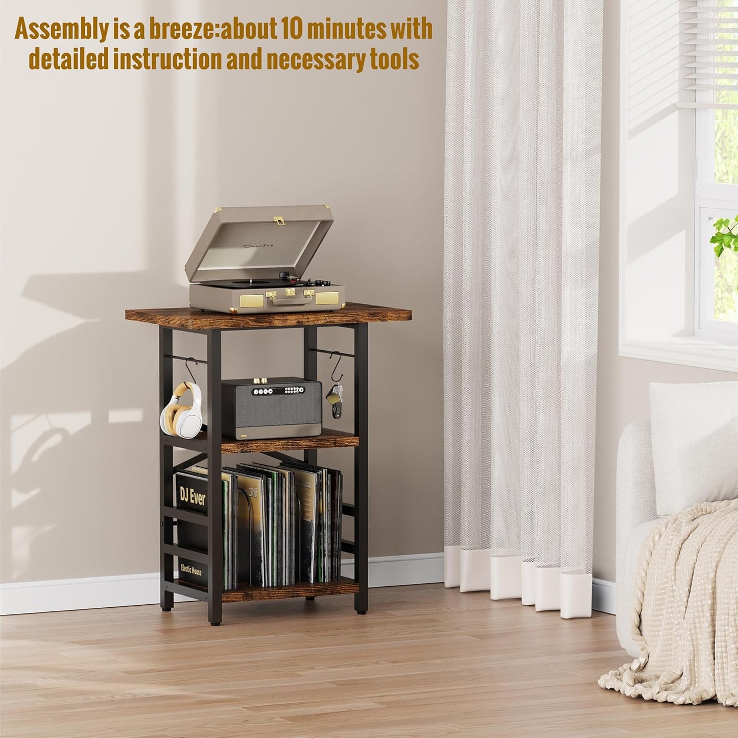 Record Player Stand with Extended Desktop,Large Record Player Table with Vinyl Storage,Turntable Stand with Record Holder Vinyls Display Shelf for Music Room Studio,Retro