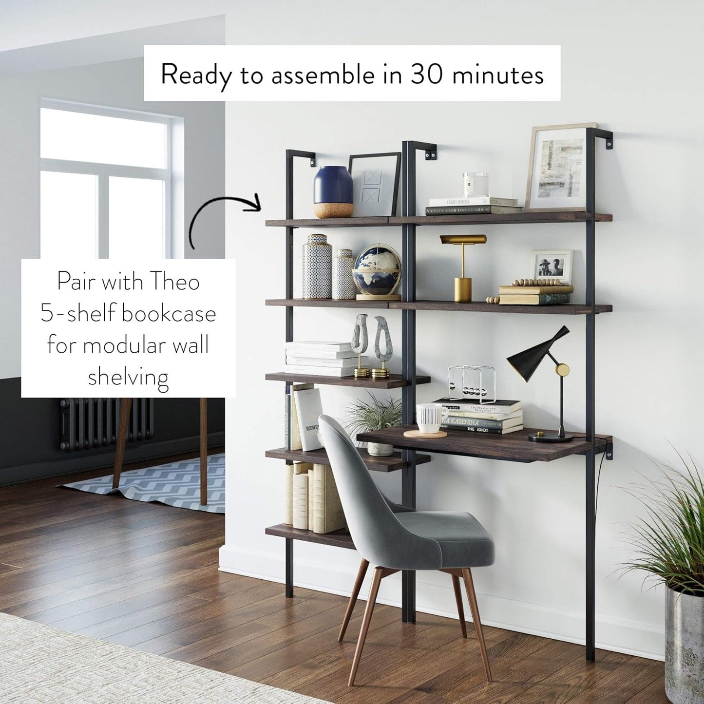 Theo 2-Shelf Industrial Wall Mount Ladder Table, Small Computer or Writing Desk, Nutmeg/Matte Black