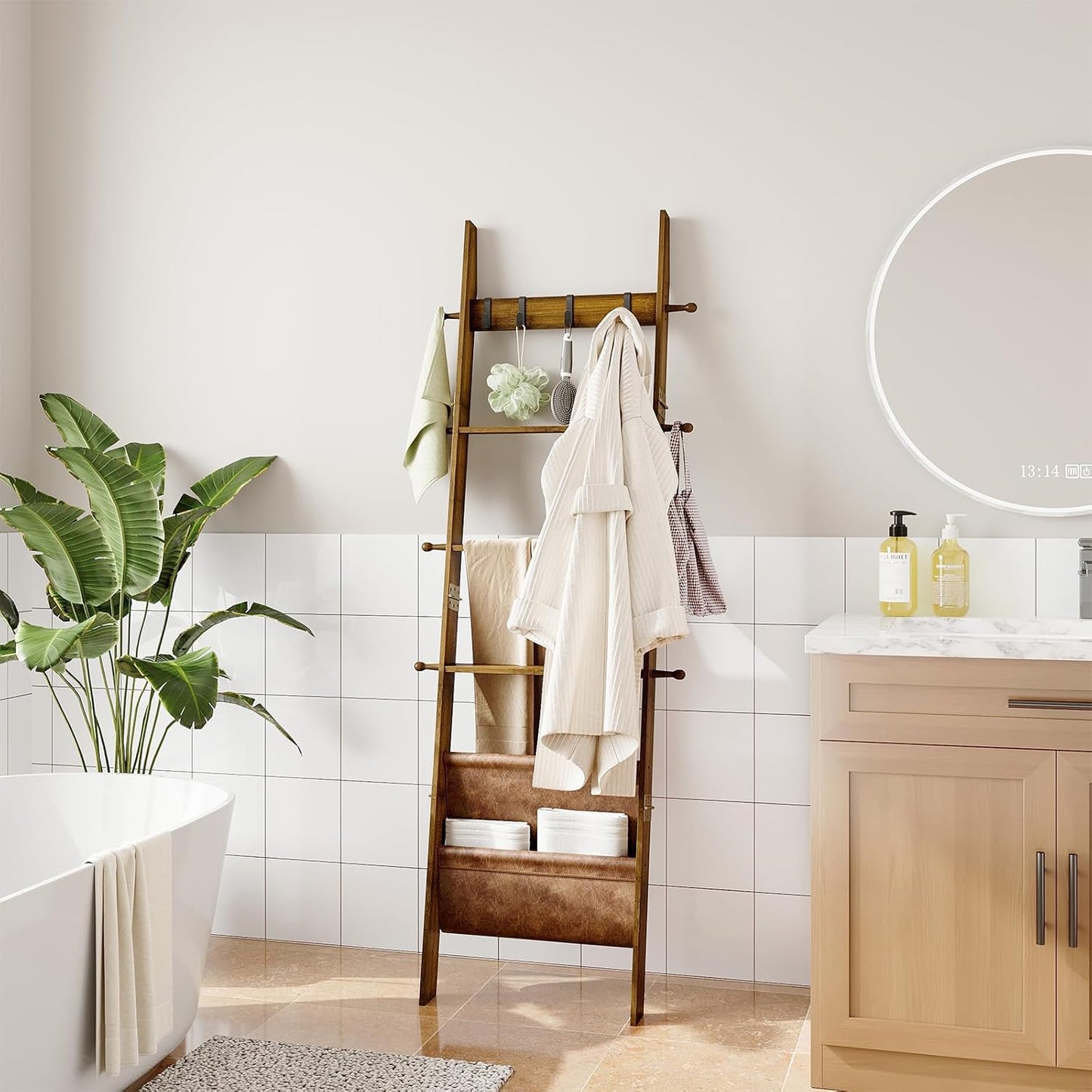 Blanket Ladder, 5-Tier Farmhouse Wooden Rack with Synthetic Leather Pocket, 4 Removable Hooks, Decorative Leaning Ladder Shelf, Walnut