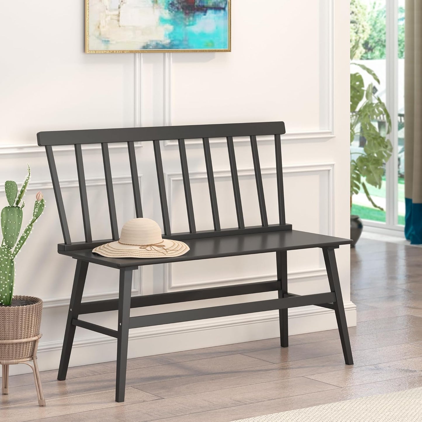 Bamboo Dining Bench, Black Entryway Bench with Spindle Back Farmhouse Wood Windsor for Foyer Balcony Living Room (Nature) (Black)