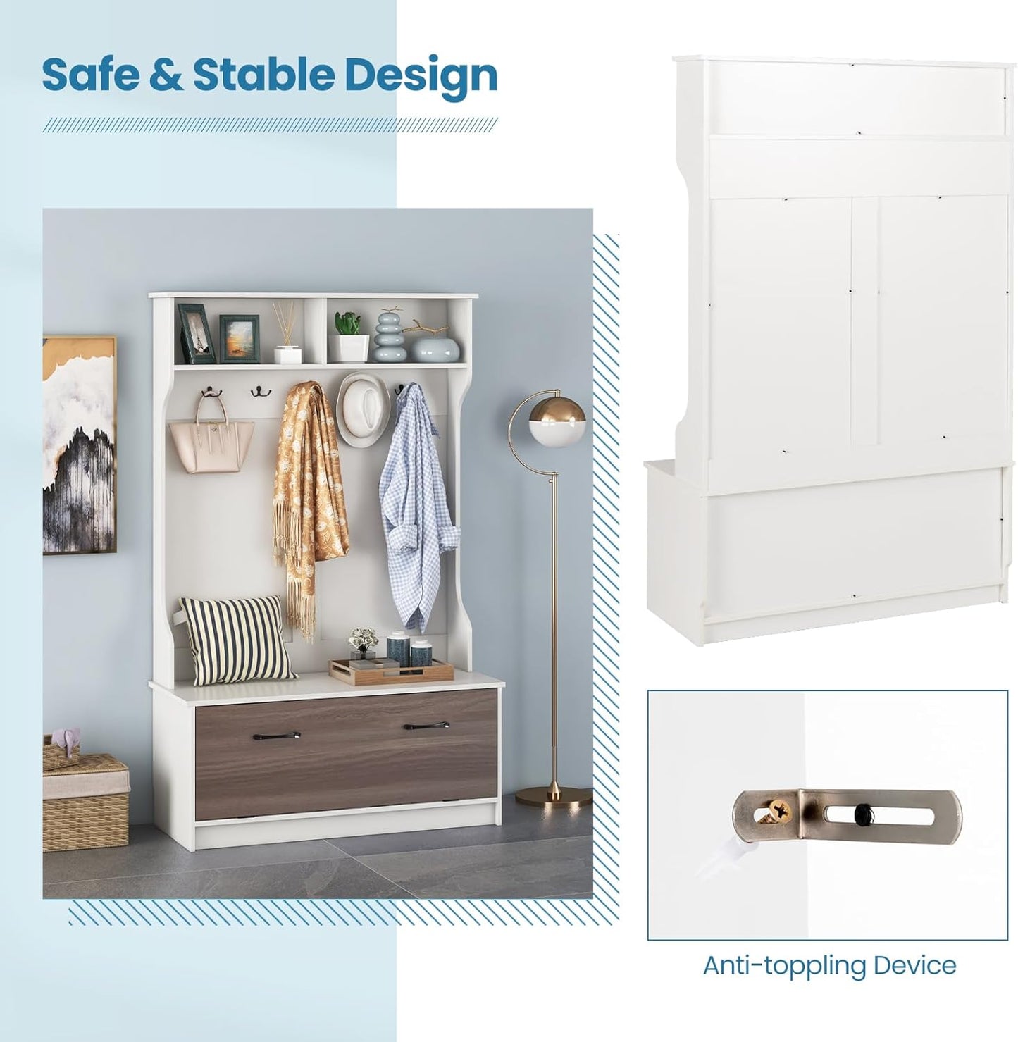 Hall Tree with Coat Rack and Storage Bench, Multifunctional Coat Rack with Entryway Bench, 5 Double Hooks, Freestanding Home Organizer for Entryway, Bedroom (White)