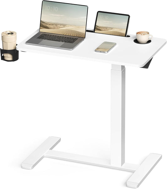 Overbed Table with Wheels, Mobile Standing Computer Desk, 27.6 X 15.7 Inches Tabletop, Adjustable Height, 2 Cup Holders, Phone and Tablet Slot, Cloud White ULSD600W01