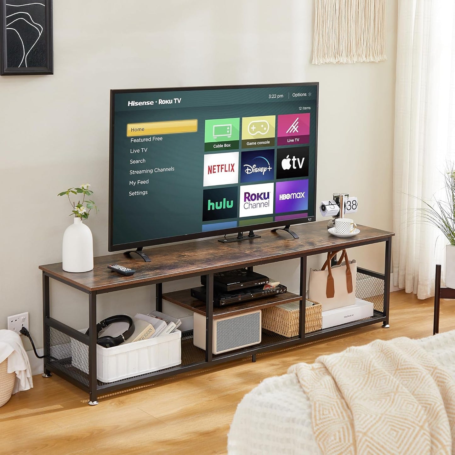 TV Stand with Power Outlets for Televisions up to 80 Inch,70" Media Entertainment Center with Charging Station 3-Tier Open Storage Shelves with Metal Frame for Living Room/Bedroom,Brown