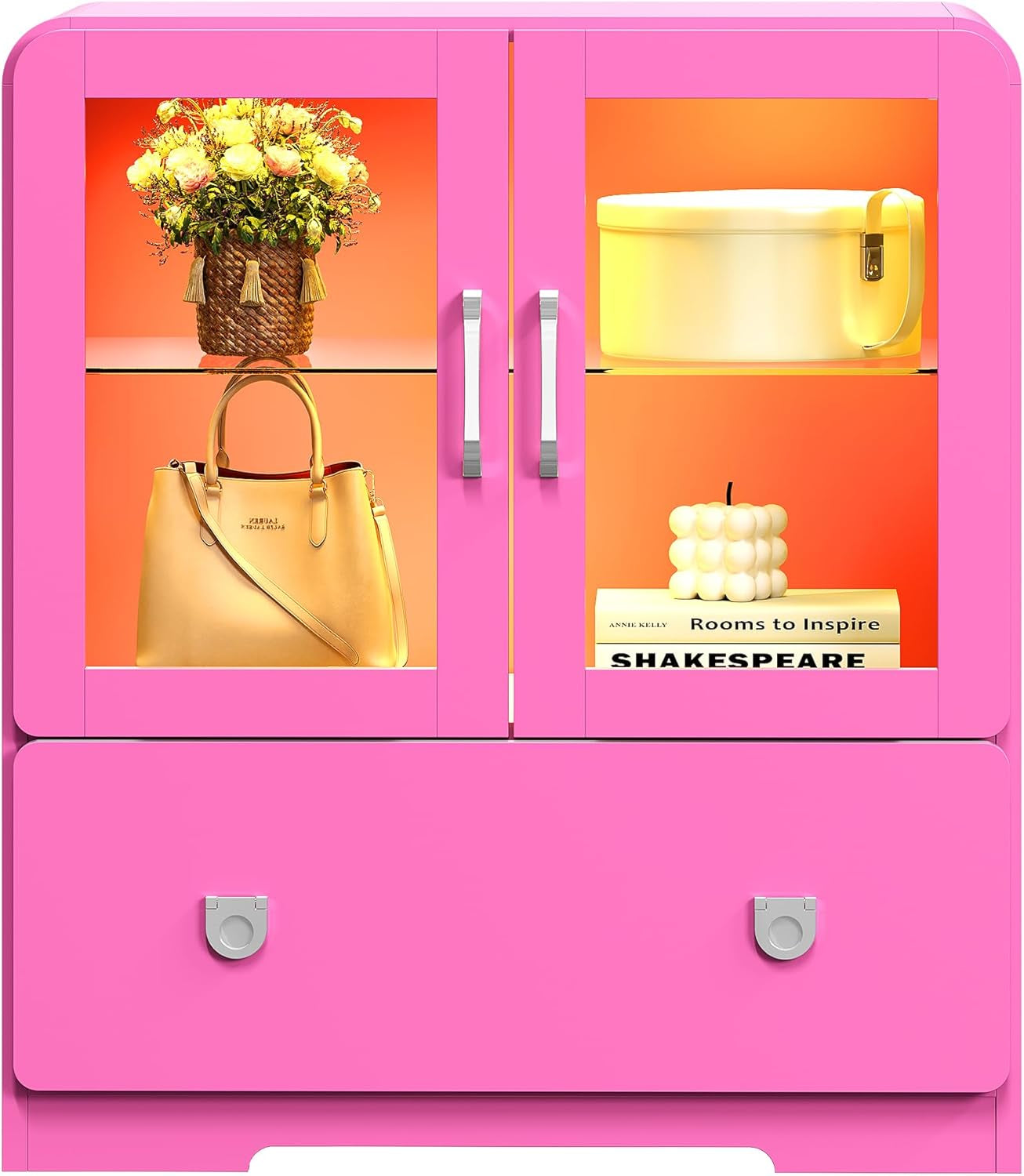 Pink Display Cabinet with Acrylic Doors, 27'' Tall Curio Cabinet with LED Lights, Modern Storage Cabinet with Drawers & Adjustable Shelves, Ideal for Living Room, Child'S Room