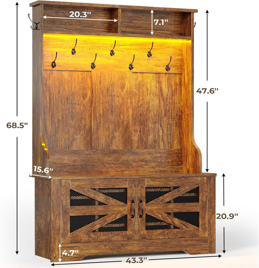 Hall Tree with Bench and Shoe Storage, 5-In-1 Entryway Bench with Coat Rack, 10 Shoe Cubbies & 9 Coat Hooks, Barn Door & Adjustable Shelf (Rustic Brown)