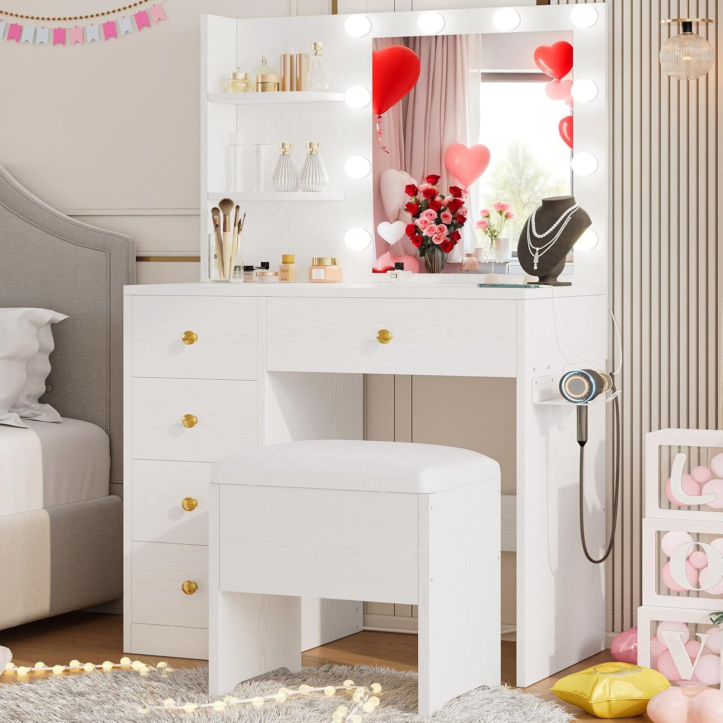 Vanity Desk with Mirror and Lights, Small Makeup Vanity Table with 5 Drawers, Power Outlet, and Vanity Stool, 3 Lighting Colors, Dressing Table for Women Girls Bedroom, White