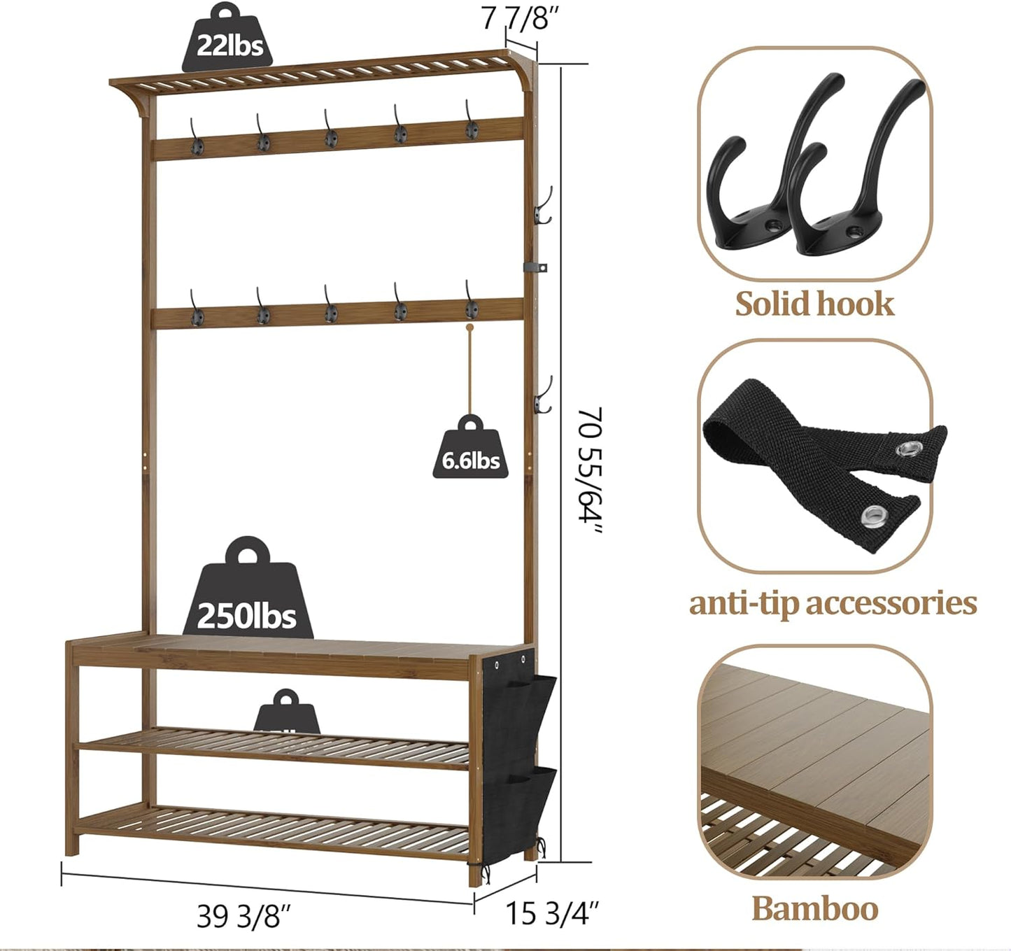 Hall Tree with Bench and Shoe Storage, Entryway Bench with Shoe Storage, 6-In-1 Coat Rack with Cloth Bag And14 Coat Hooks, Sturdy Bamboo Frame, Large Size, Brown 39 * 15 * 70 Inches