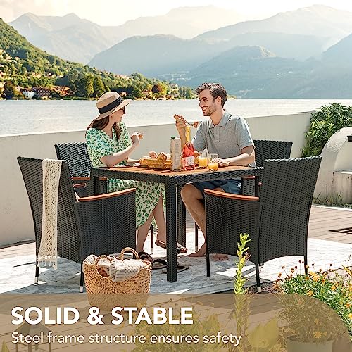 5 PCS Furniture, Patio Conversation Set with Acacia Wood Top, Rattan Outdoor Dining Table and Chairs for Backyard, Garden, Deck, Black