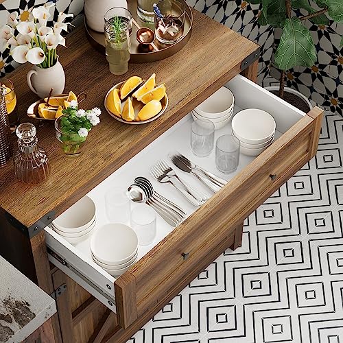 Coffee Bar Cabinet Farmhouse Kitchen Sideboard Buffet Cabinet with Drawer and Adjustable Shelf Barn Door Storage for Kitchen, Dining Room, Bathroom, Entryway (Brown)