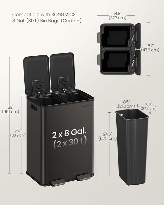 Trash Can, 2 X 8 Gallon (2 X 30 L) Dual-Compartment Garbage Can with Soft-Close Lid, Pedal and Inner Buckets, Stainless Steel, Includes 15 Liner Bags, Slate Gray ULTB741G01