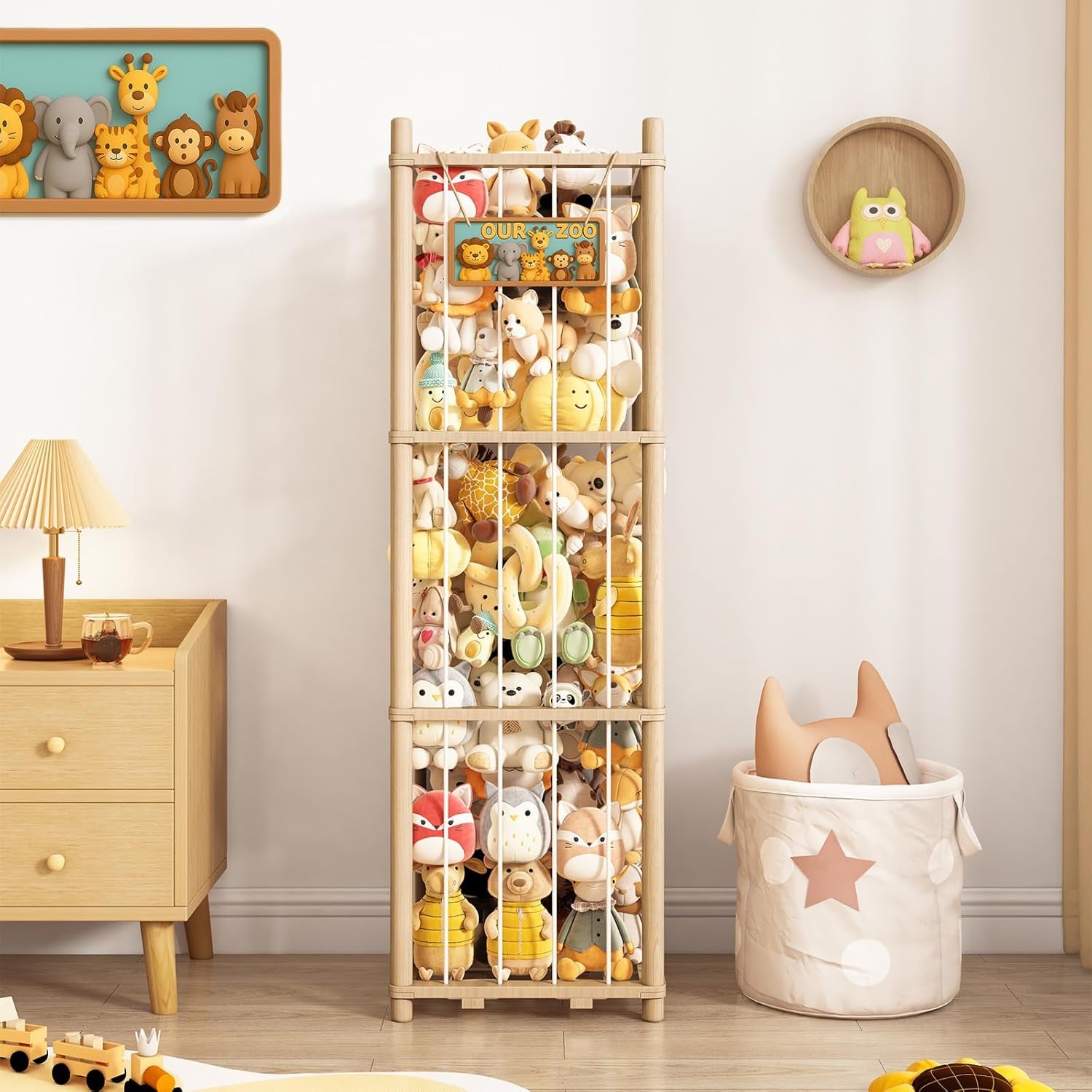 Wooden Stuffed Animals Storage Tower, Vertical Stuffy Animal Zoo Organizer with Nameplate, Large Stuffed Animal Cage for Kids Room, Stuffy Storage Holder for Nursery and Playroom Natural Wood