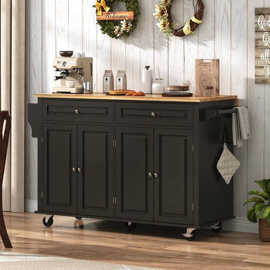 59" W Rolling Kitchen Island with Drop Leaf, Movable Kitchen Carts on Wheels Island with Storage Cabinet&Charging Station, Island Table for Kitchen W/Rubber Wood Top, Rack, Hook, Drawers, Black