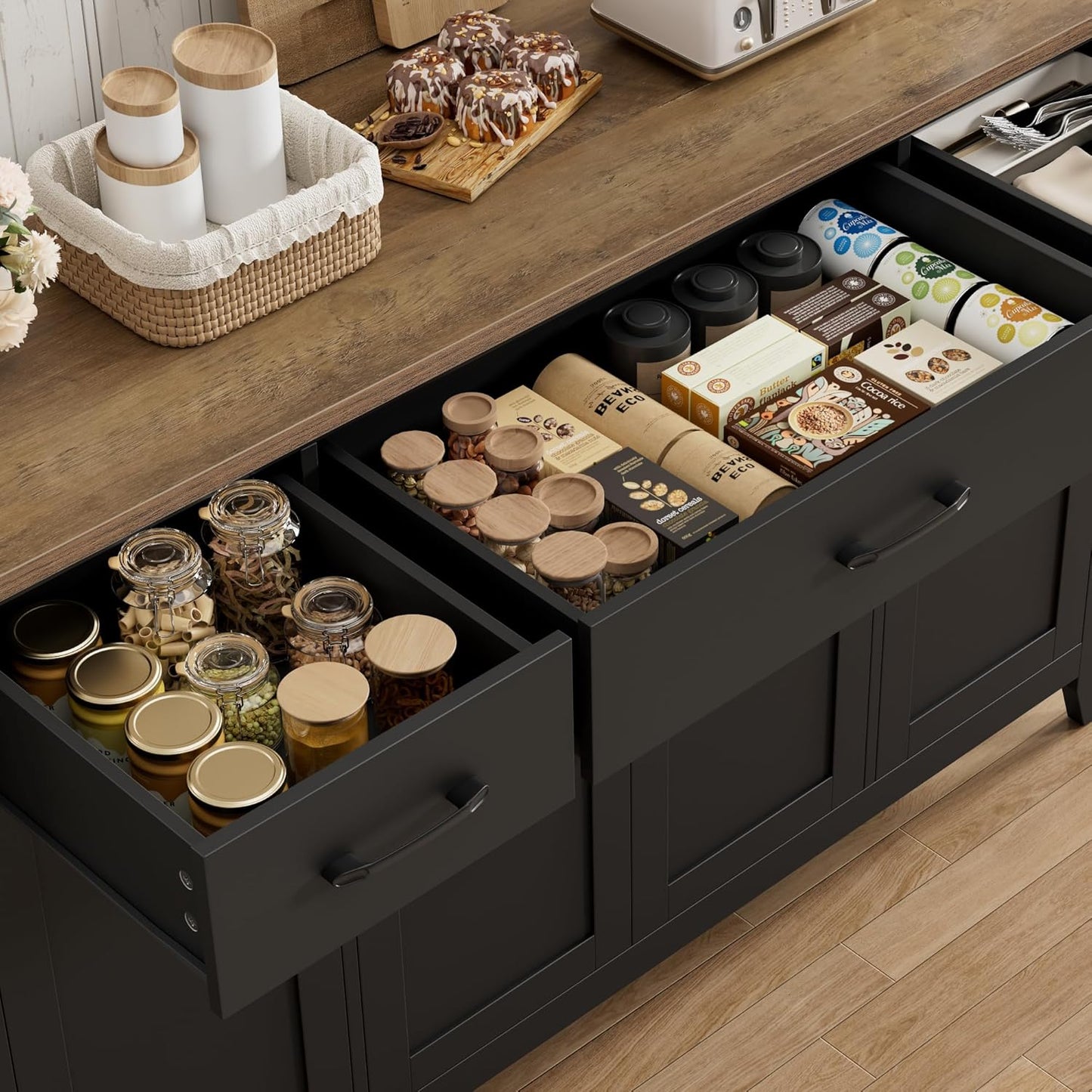 55" Buffet Cabinet, Modern Farmhouse Sideboard Buffet with Drawers, Large Kitchen Storage Cabinet with Adjustable Shelves, Wood Coffee Bar for Kitchen, Dining Room, Living Room, White