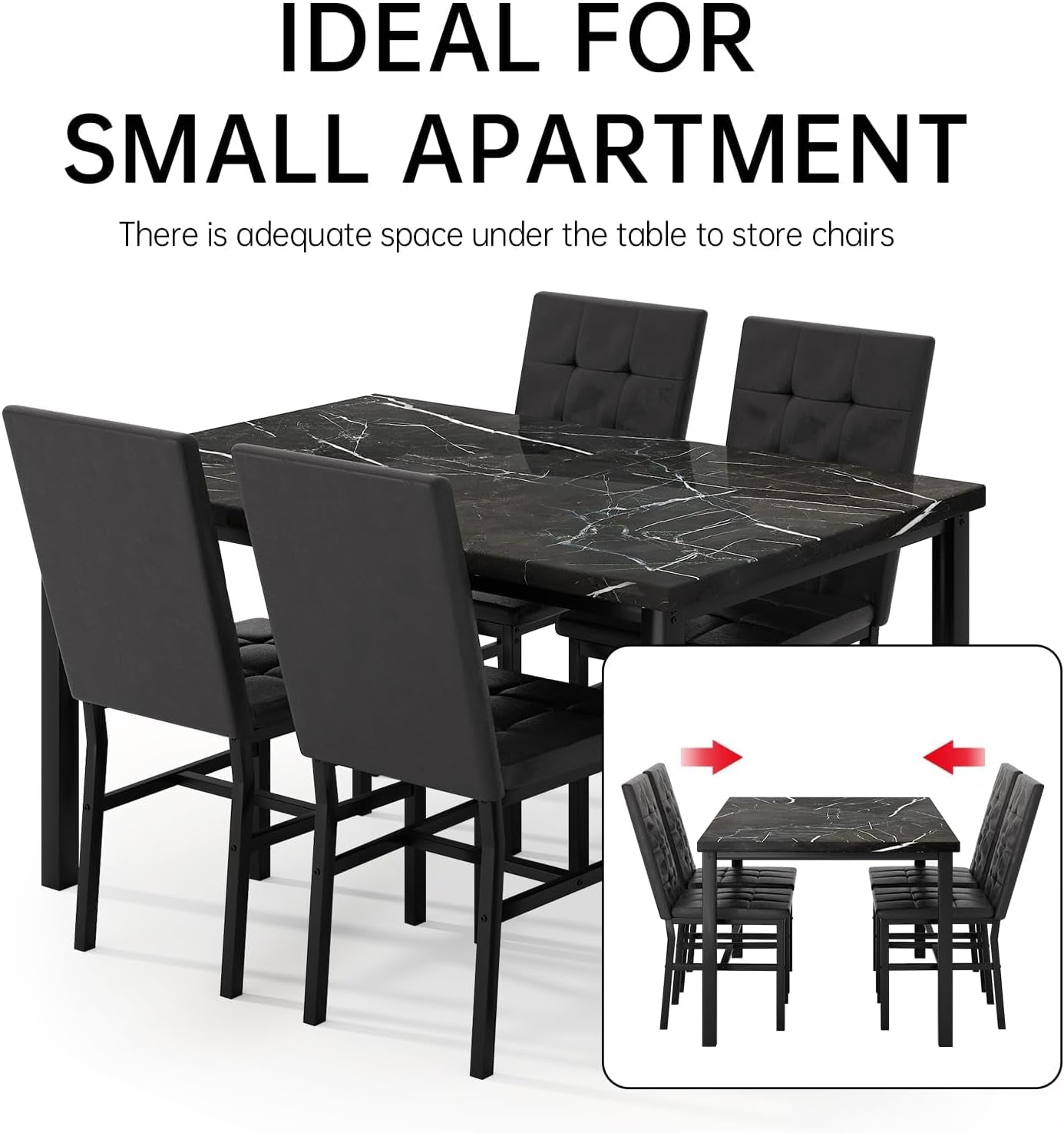 Black five piece marble dining table set with four chairs, view 9