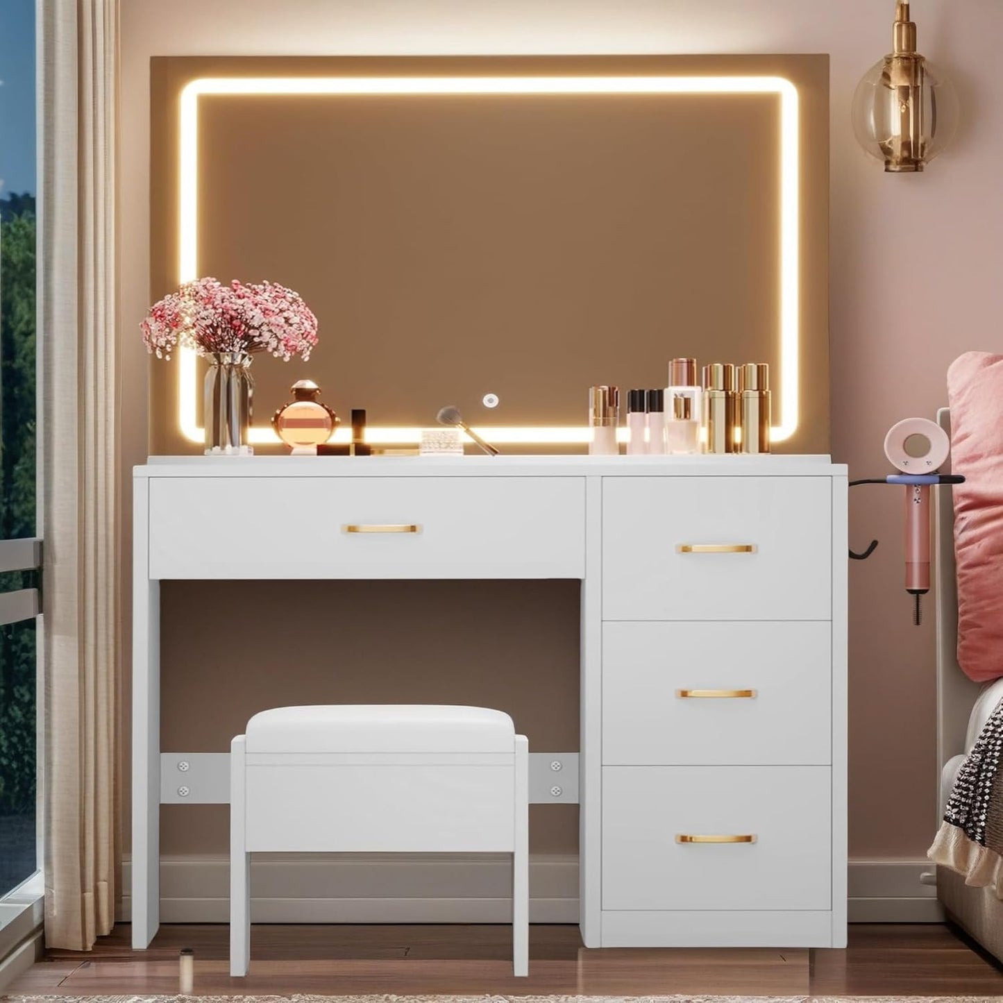 Makeup Vanity with Large Mirror and LED Lights, Vanity Desk Set with Power Outlet & Chair & 3 Lighting Colors, 4 Drawers, Dressing Table Stool Set for Dressing Room, Pearl White