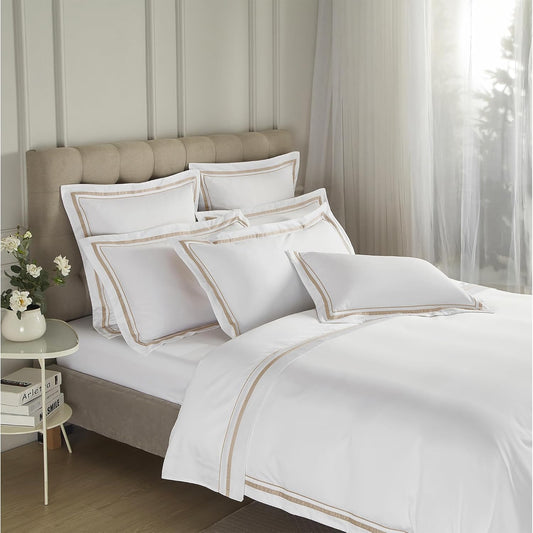 White Pillow Shams King Size Set of 2, 100% Cotton 400TC Sateen Luxury Hotel Pillow Cases, Pipping Oxford Pillowcases with Envelope Closure for Bedding Linen, 20X36 Inches (White with Khaki)