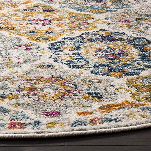SAFAVIEH Madison Collection Area Rug - 5'3" Round, Cream & Multi, Boho Chic Distressed Design, Non-Shedding & Easy Care, Ideal for High Traffic Areas in Living Room, Bedroom (MAD611B)