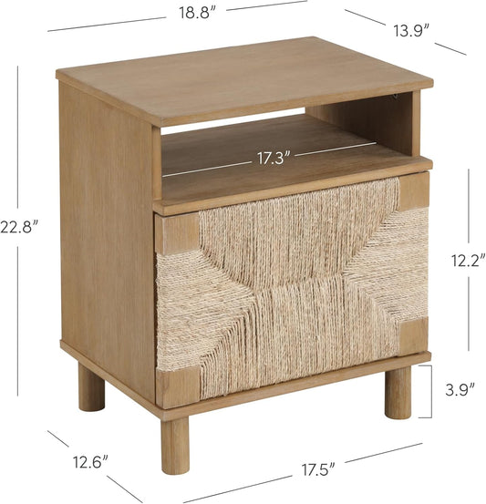 Beacon Wood Nightstand, Bohemian Accent Table or Sofa Side Table with Seagrass Door for Bedroom or Living Room, Light Brown