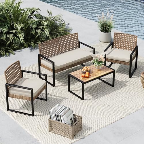 4 Piece Wicker Patio Furniture Set, Small Patio Sofa with Loveseat & Chaise & Acacia Wood Table, Outdoor Sectional Couch with Wood Table, Beige