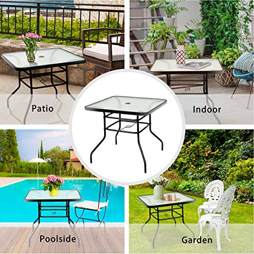 32" Square Outdoor Dining Table with Tempered Glass Top, Outside Bistro Table with 2" Umbrella Hole & Metal Frame, Patio Dining Table for Backyard, Lawn, Deck & Poolside