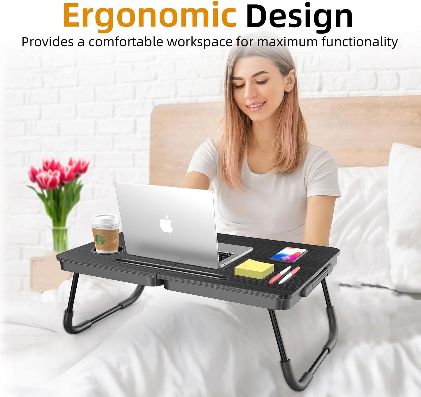 Portable Foldable Laptop Desk for Bed and Couch, Adjustable Lap Desk with Cup Holder and Phone Holder, Ideal for Working, Reading, Writing, and Breakfast (Black)