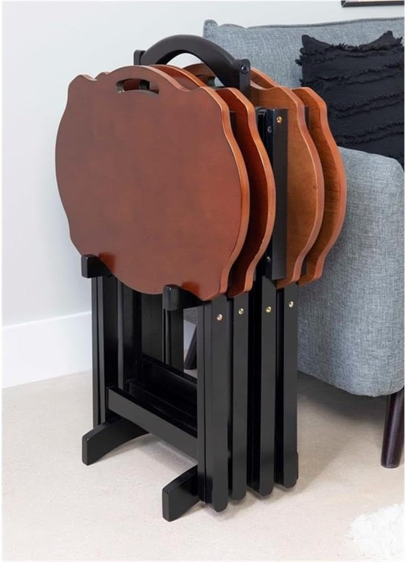 Traditional 5-Piece Okume Veneer and Solid Wood Tray Table Set with Base and Curvy Shaped Trays in Hazelnut and Black