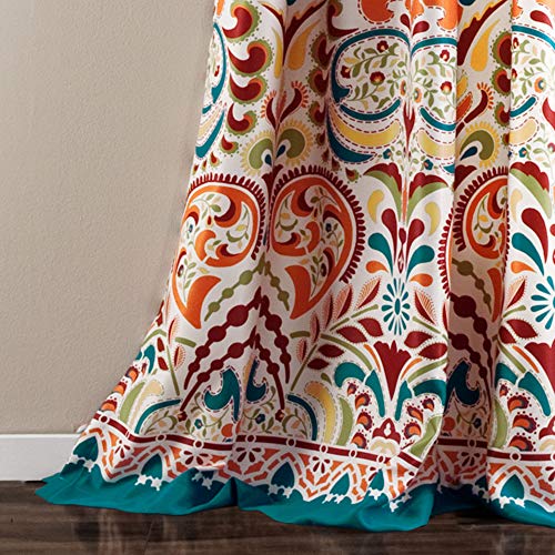 Clara Curtains Paisley Damask Print Bohemian Style Light Filtering Window Panel Set for Living, Dining, Bedroom (Pair), 52" W x 95" L, Turquiose & Tangerine