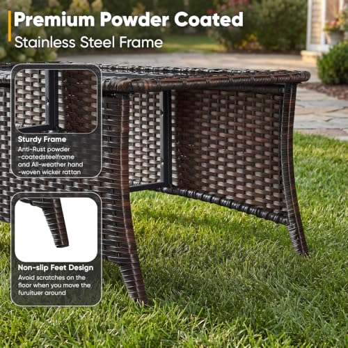 Outdoor Coffee Table with Tempered Glass Top, Patio Rectangular Brown Wicker, view 7