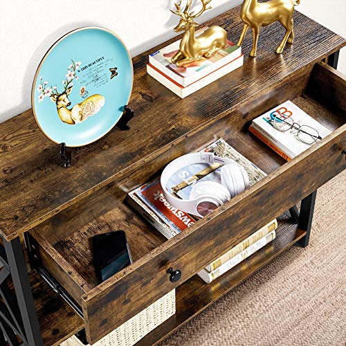 Yaheetech Console Table with Drawer, Sofa Table with Storage Shelves, 39.5 Inch Entryway Tables with Metal Frame, for Living Room, Entryway, Hallway, Rustic Brown