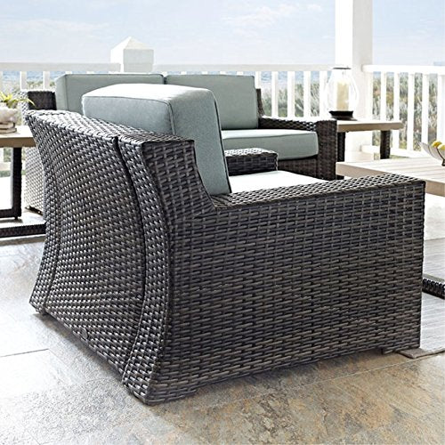 Beaufort Outdoor Conversation Set | Spacious, Comfortable, and Elegant | Dark Brown Synthetic Wicker | Fade-Resistant Mist Cushions | All-Weather Faux Wood Planks | Furniture