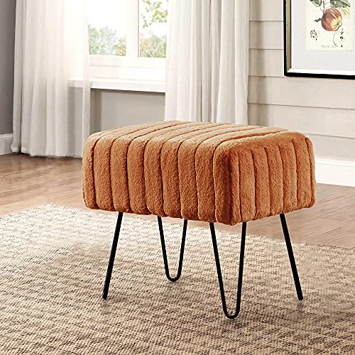 Super Mink Faux Fur Orange Ottoman Bench, 19" x 13" x 17" H, Honey Ginger, Living Room Foot Rest Stool Entryway Makeup Bench End of Bed Bedroom Home Decor Chair for Sitting