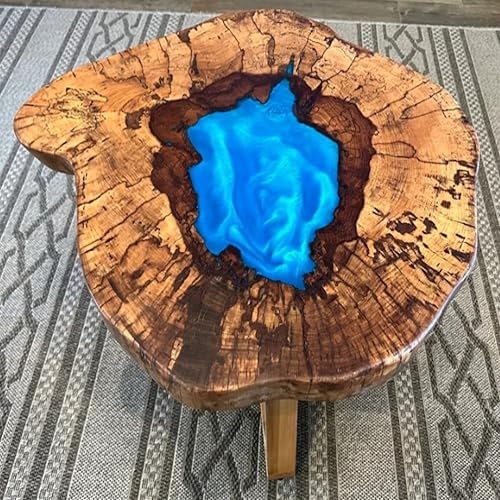 RESINHOMEFURNITURE Round Wooden Table with Blue Epoxy Lake Design Coffee Table Console Table Side Table Living Room Table Center Table Patio Table End Table (30 Inches Tall, 36 x 36 Inches)