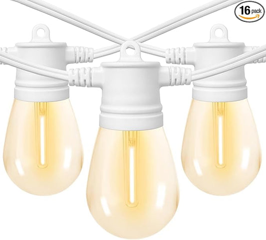 White String Lights, 48ft White Outdoor Lights with 16 1W Shatterproof LED Bulbs for Patio, Garden, Backyard, Porch, Cafe, Deck, Wedding, Party