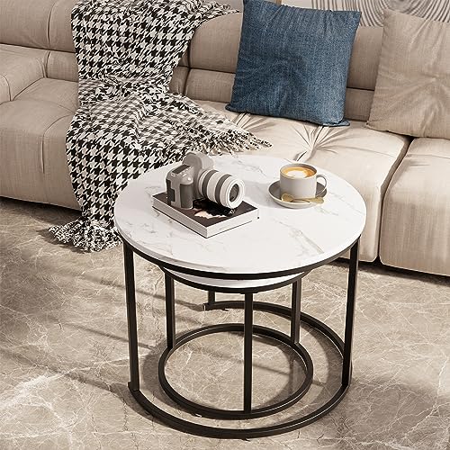 Round Nesting Coffee Table Side Table Set of 2 End Tables for Living Room Bedroom Balcony, White Faux Marble Wooden Table Accent Coffee Table with Black Steel Frame