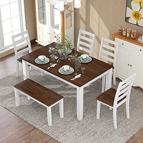 Modern 6 Piece Dining Table Set for 6, Farmhouse Wooden Rectangular Kitchen Table Set with 4 Chairs & a Bench, Kitchen Room Furniture Set (Walnut + Cottage White)