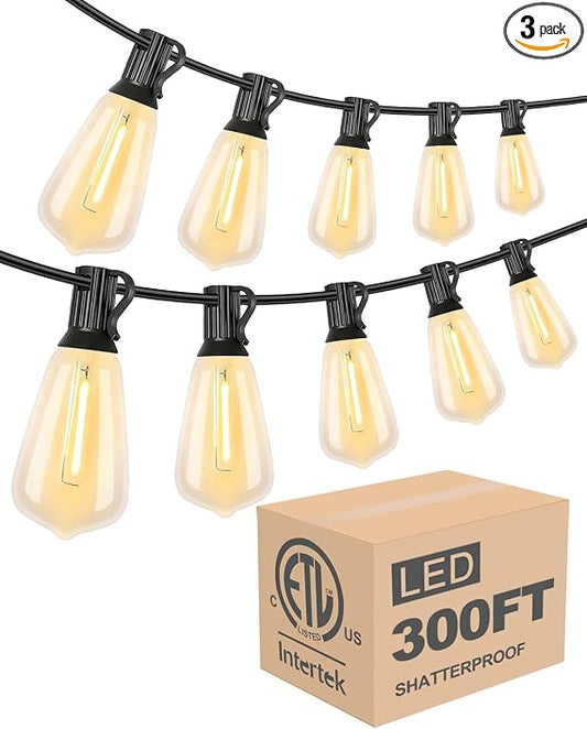 300FT Outdoor String Lights, LED Bistro String Lights with Shatterproof ST38 Vintage Bulbs, 2200K Dimmable, Waterproof Hanging Lights for Porch, Deck, Garden, Backyard, Balcony - ETL Listed