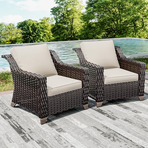 Wicker Patio Chairs Set of 2, Outdoor Rattan Furniture with Wide Armrest and Thick Cushions, Upgraded Large Size for Backyard, Garden, Poolside