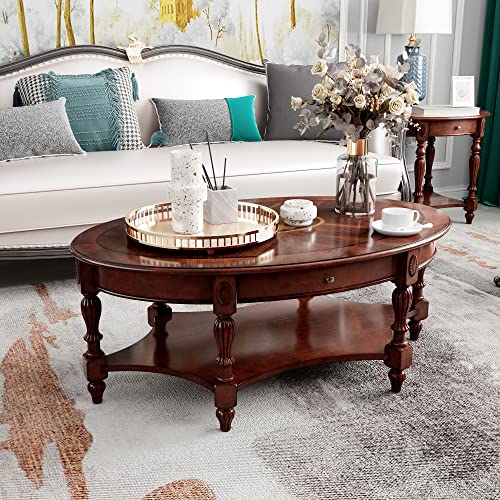 Solid Wood Oval Coffee Table with Drawer and Storage Shelf, Traditional Vintage Center Table Polished Edging Cocktail Tea Table for Living Room Bedroom Home, Cherry Walnut