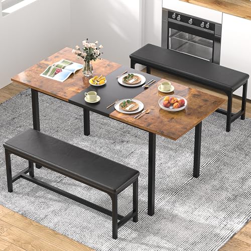 3-Piece 63" Extendable Kitchen Table with Benches/Chairs, Modern Breakfast Dinette/Dining Room Set for 4/6/2, Small Space Saving Design, Easy Assembly