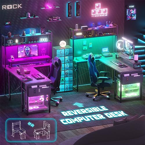 Small L Shaped Desk Gaming Desk with LED Lights & Power Outlets, view 7