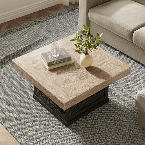 31.5 in Rustic Coffee Table for Living Room with X-Design, Square | Farmhouse Center Table, Wooden Pedestal, Small Space, Home Office Tea Accent Table for Apartment, Easy Assembly, Dark Oak