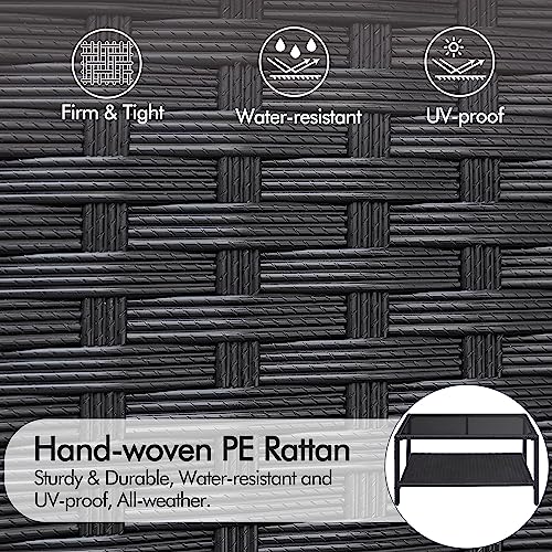 Yaheetech Outdoor Wicker Coffee Side Table with Tempered Glass Top, Black | All-Weather Rattan Patio Storage Furniture for Garden