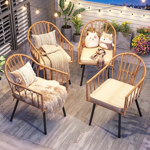 4 Pieces Rattan Wicker Dinning Chairs, Outdoor Indoor Patio Furniture Set with Cushion and Curved Back All Weather Bistro Chair for Garden Backyard Porch Poolside Restaurant (Beige)