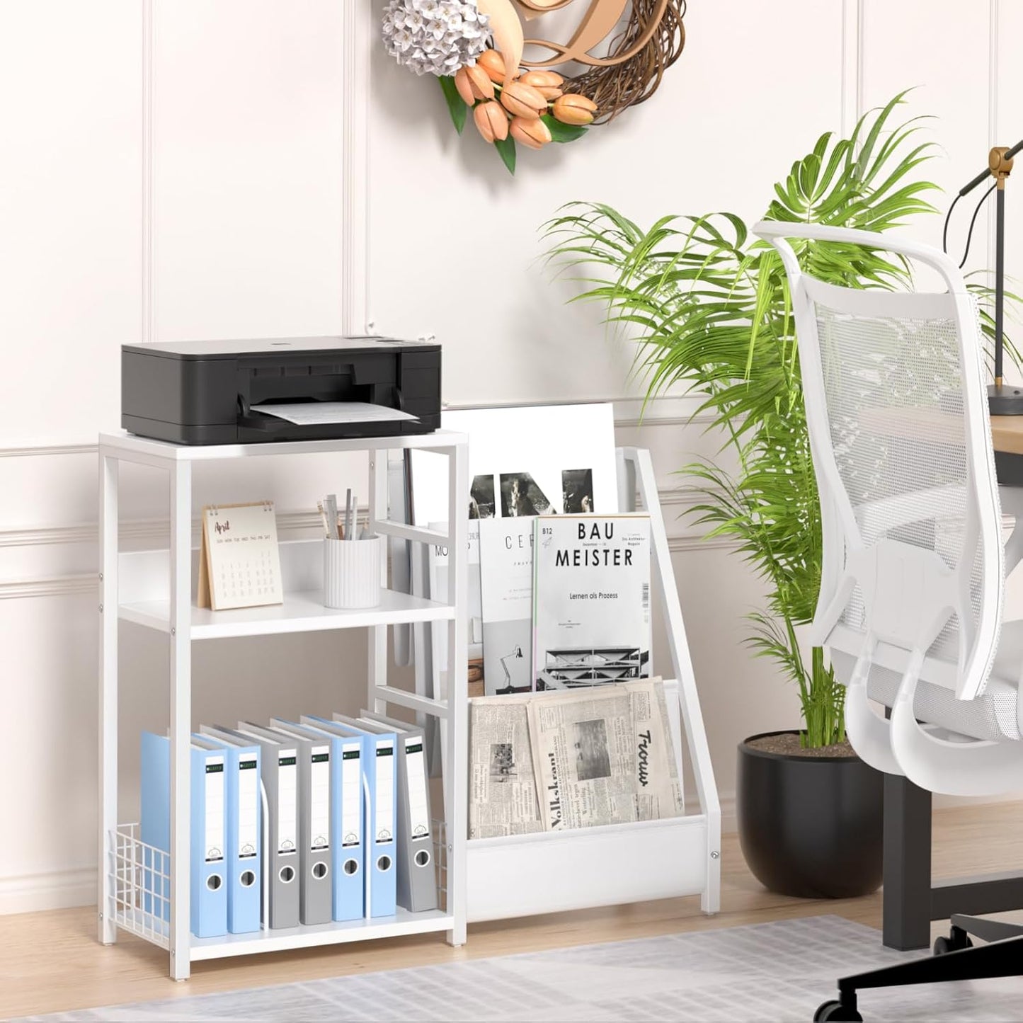 White record player table with vinyl storage and magazine rack, view 7