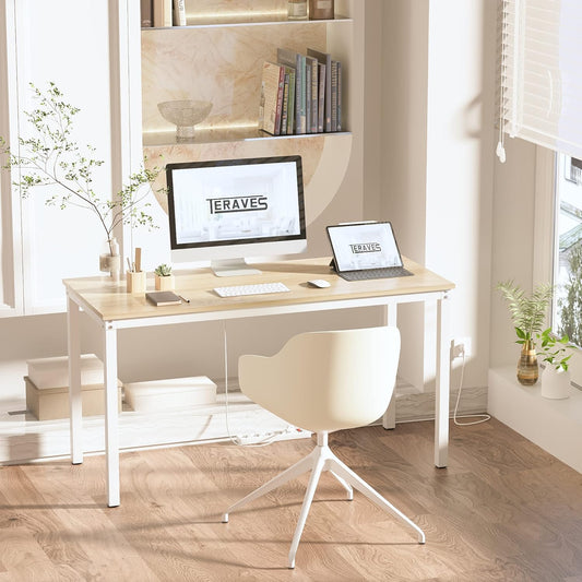 Computer Desk/Dining Table Office Desk Sturdy Writing Workstation for Home Office (47.24”, Beige + White Frame)