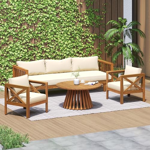 Outdoor 4-Piece Acacia Wood Conversation Set - Patio 3-Seat Loveseat Sofa Daybed with Cushion, 2 Armchair and Round Coffee Table for Backyard, Lawn, Balcony, Teak + Beige